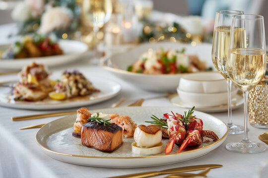 Luxury Christmas buffet with gourmet dishes, champagne glasses, polished silverware, refined gold-white decor
