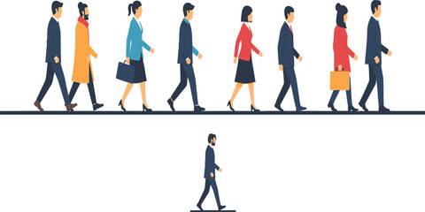Horizontal Line of Diverse Business People Walking in Professional Attire, Representing Commuting, Corporate Rush, Employees, and Daily Office Routine Activities.