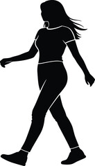Full-Body Silhouette of a Young Woman Striding Forward with Hair Blowing, Representing Confidence, Movement, Casual Lifestyle, Commuting, and Fitness Activities.