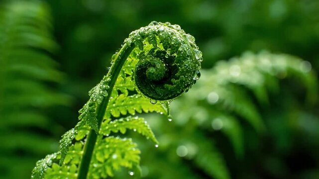 Intricate patterns and textures of mature fern leaves, highlighting their fractal geometry and rich emerald hues, enhanced by morning dew droplets. Abstract, extreme close up, focusing on leaf?