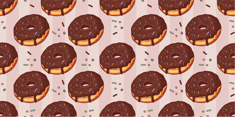 Hand-drawn seamless pattern featuring chocolate donuts with colorful sprinkles on a striped background, perfect for background, textile, and packaging