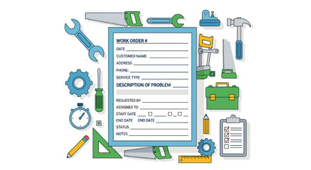 A comprehensive work order form surrounded by essential repair and maintenance tools, illustrating efficient service management and technical support planning.