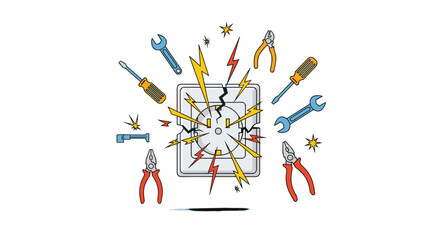 A vector illustration shows a dangerous electrical outlet sparking, surrounded by repair tools, highlighting urgent home maintenance and safety.