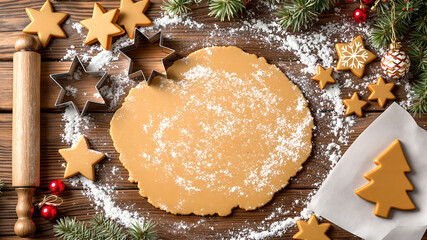 Christmas cookie baking scene with dough rolling pin and cutters on wood