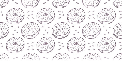 Hand-drawn line art seamless donut pattern, perfect for backgrounds, textiles, packaging, and decorative prints