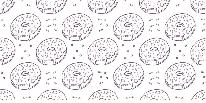Hand-drawn line art seamless donut pattern, perfect for backgrounds, textiles, packaging, and decorative prints