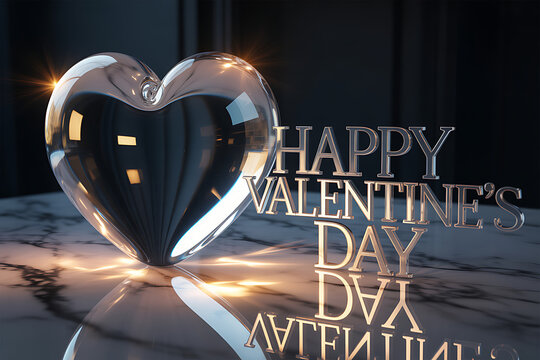 Elegant glass heart with Happy Valentine's Day message for romantic gifts, greetings, and heartfelt expressions of love in a modern celebration