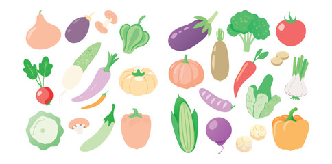 Soft Pastel Vegetable Icons | Colorful Flat Food Vector Set | Organic Veggie Clipart