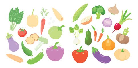 Soft Pastel Vegetable Icons | Colorful Flat Food Vector Set | Organic Veggie Clipart