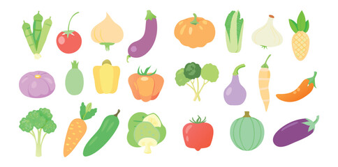 Soft Pastel Vegetable Icons | Colorful Flat Food Vector Set | Organic Veggie Clipart