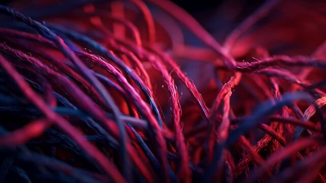 Red and blue yarn tangled close-up