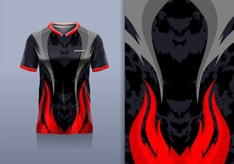 T-shirt mockup abstract curve lines texture grunge sport jersey design for football, soccer, racing, esports, running, black gray red color