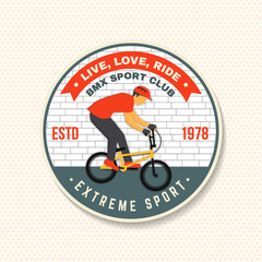 Fototapeta premium Bmx extreme sport club badge, patch, sticker. Vector. Concept for shirt, logo, print, stamp, tee with man ride on a sport bicycle. Vintage typography design with bmx cyclist silhouette.