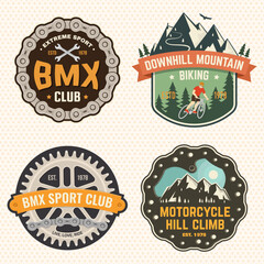 Set of motorcycle hill climb and mountain biking patch, sticker. Vector illustration. Concept for shirt or logo, print, stamp or tee. Vintage typography design with man riding bike and mountain