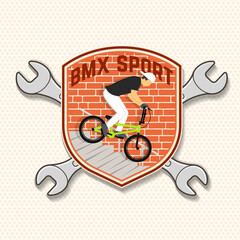 Fototapeta premium Bmx extreme sport club badge, patch, sticker. Vector. Concept for shirt, logo, print, stamp, tee with man ride on a sport bicycle. Vintage typography design with wrench, bmx cyclist silhouette.