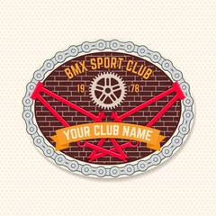 Fototapeta premium Bmx extreme sport club badge, patch, sticker. Vector. Concept for shirt, logo, print, stamp, tee with frames, chain. Vintage typography design with bmx frames, sprocket silhouette.