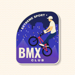 Fototapeta premium Bmx extreme sport club badge, patch, sticker. Vector. Concept for shirt, logo, print, stamp, tee with man ride on a sport bicycle. Vintage typography design with bmx cyclist silhouette.