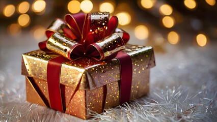 Golden Christmas Gift Box with Red Ribbon