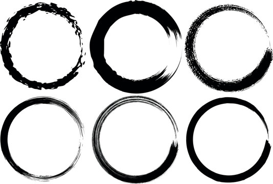 Six abstract black ink brush stroke circles on white background grunge style hand drawn shapes - Powered by Adobe