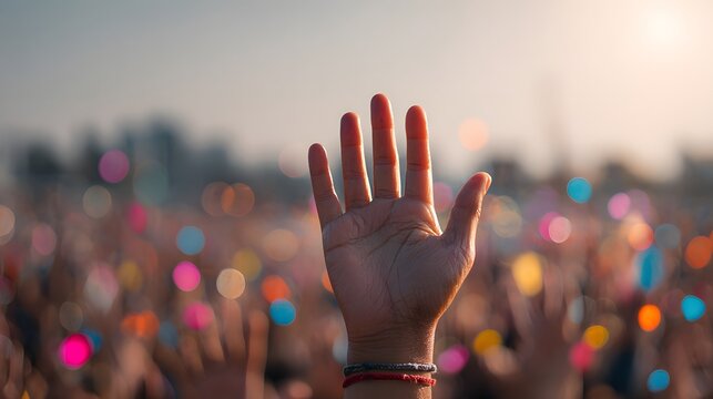 Individual raised hand captures attention above a vibrant, blurred audience at an outdoor event during sunset