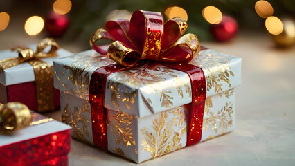 Golden Christmas Gift Box with Red Ribbon