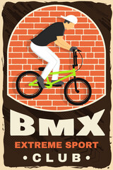 Fototapeta premium Bmx extreme sport club poster, banner, magazine template. Vector. Concept for shirt, logo, print, stamp, tee with man ride on a sport bicycle. Vintage typography design with bmx cyclist silhouette.