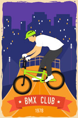 Fototapeta premium Bmx extreme sport club poster, banner, magazine template. Vector. Concept for shirt, logo, print, stamp, tee with man ride on a sport bicycle. Vintage typography design with bmx cyclist silhouette.