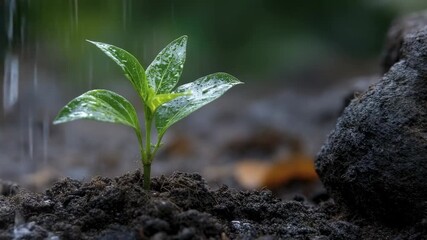 A close-up of a small green seedling with water droplets on its leaves growing in dark soil during a rain shower next to a dark rock