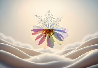 Colorful flower and snowflake blending in a serene winter landscape