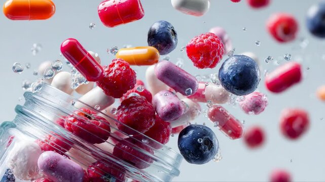 Colorful assortment of berries and capsules burst from a glass jar, creating a dynamic scene of vibrant health and vitality, captured with a dramatic zoom out effect