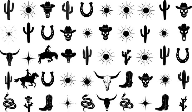 Collection of western and cowboy themed icons and symbols in black and white silhouette style