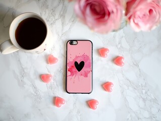 Pink phone case with floral design and heart surrounded by gummy hearts and coffee
