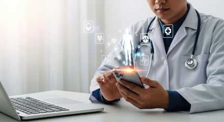 Doctor using smartphone with futuristic medical interface overlay in a bright room