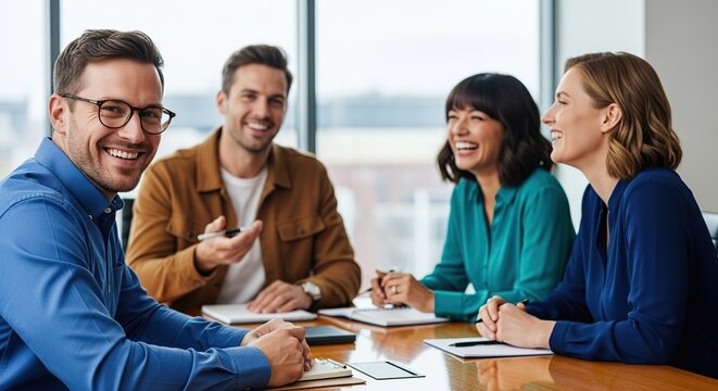 Four diverse colleagues in business attire smiling and collaborating during a meeting around a table with papers and laptops - Powered by Adobe