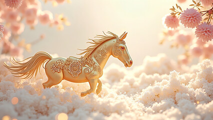桜と金色の幻想的な馬｜Fantasy Golden Horse with Sakura Blossoms