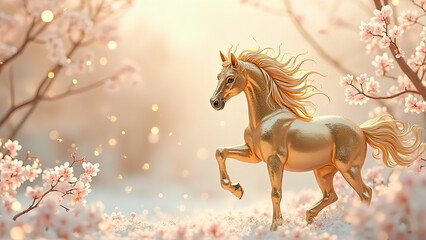 桜舞う中の金色の馬｜Golden Horse in Blooming Sakura