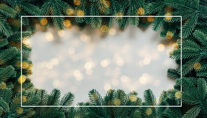 Christmas fir branches frame with golden bokeh lights and soft blurred background
