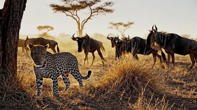A leopard stalks a herd of wildebeest on the African savanna during golden hour