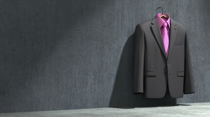 Corporate attire concept with suit and tie hanging alone on dark wall, minimalist modern design