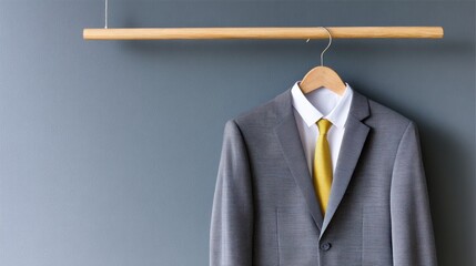 Corporate attire concept with suit and tie hanging alone on dark wall, minimalist modern design
