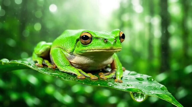 A wide, atmospheric shot capturing an amphibian's natural habitat, emphasizing the biodiversity and pristine beauty of wetlands or rainforests at dawn.