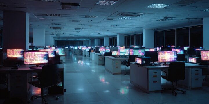 Empty office filled with glowing monitors showing distorted data patterns. Cold digital silence hints at machines beginning to act on their own thoughts.