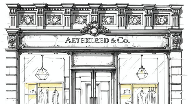 Vintage commercial storefront sketch showing an ornate classic façade with framed windows, decorative signage, and balanced symmetrical structural layout.