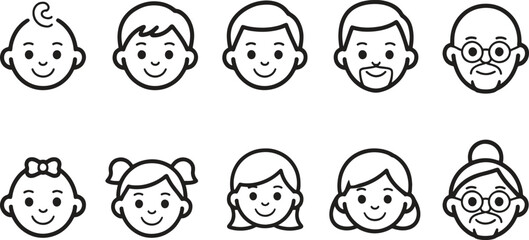 Happy family generations line icons for genealogy projects and family tree designs for web use