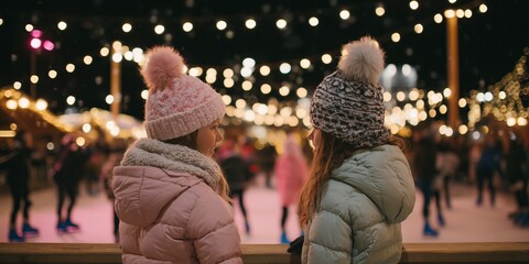 Two girls in knit hats and scarves laugh together at a festive ice rink. Concept: friendship, joy, youth, shared winter moments, urban celebration, seasonal magic.