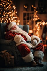 Santa Claus sleeping in an armchair after delivering gifts. Cozy cabin, warm lights, peaceful Christmas scene.