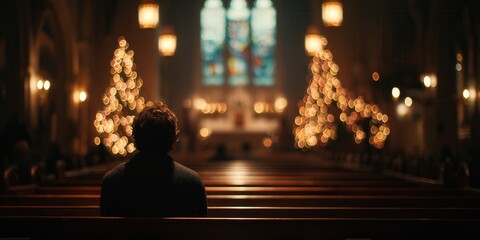 Person sitting in a decorated church during Christmas season with warm lights and empty pews. Quiet moment of solitude, reflection, and peaceful holiday atmosphere.