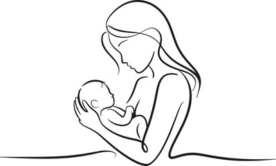 Obraz premium Elegant mother lovingly cradling newborn baby in minimalist line art illustration conveying maternal love