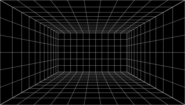 One-point perspective wireframe grid showing a simple empty tunnel or room on a black background. Used for drawing depth and 3D space.