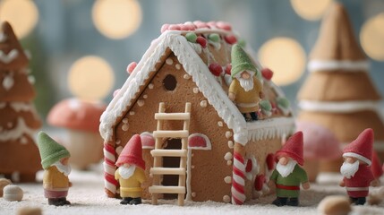Whimsical gingerbread house adorned with gnomes in festive holiday setting